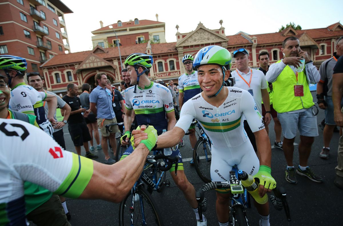 Caleb Ewan thanks his teammates having won the pre-Tour Down Under criterium