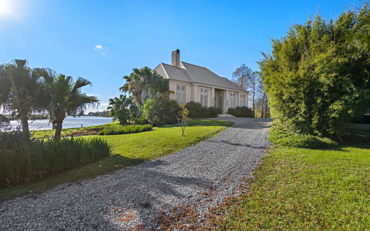 Exterior of luxury lakeside home, Louisiana