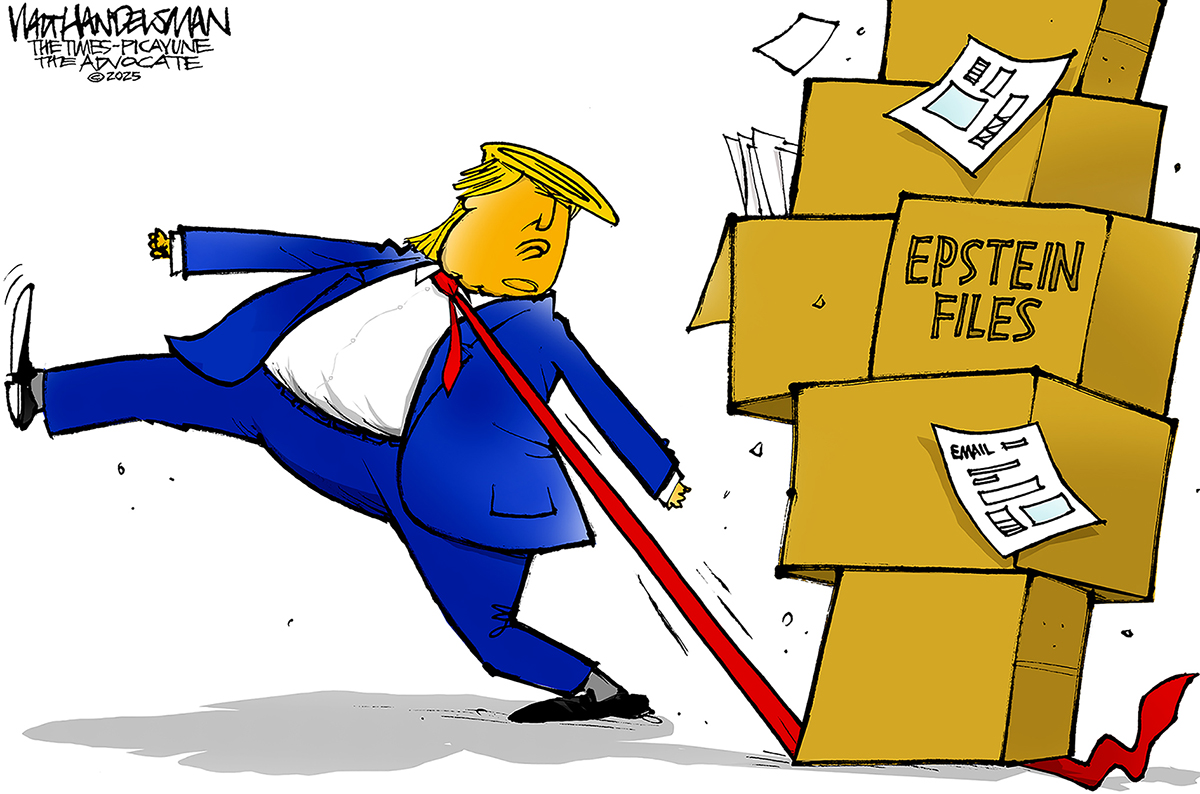 Donald Trump is stuck and unable to walk in this cartoon because his tie is trapped under six overblowing cardboard boxes labeled &amp;ldquo;Epstein Files.&amp;rdquo;