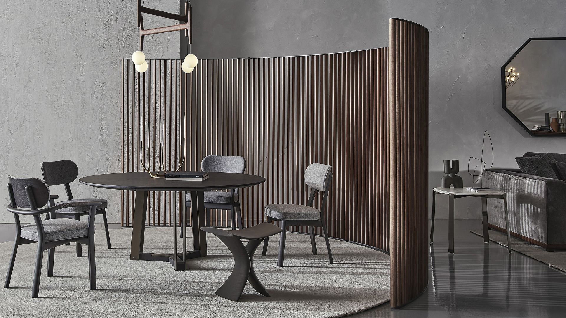 grey Japandi living room with functional yet stylish room divider screen