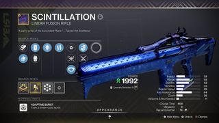 Destiny 2 Scintillation Linear Fusion Rifle Nightfall strike weapon inspect menu
