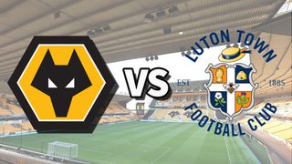The Wolverhampton Wanderers and Luton Town club badges on top of a photo of Molineux stadium in Wolverhampton, England