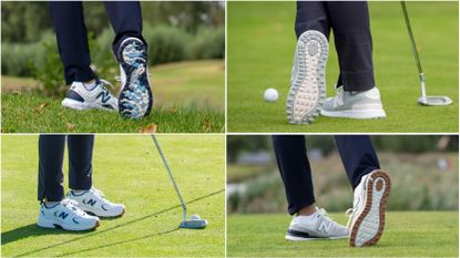Four shots of golfers wearing New Balance shoes on the golf course