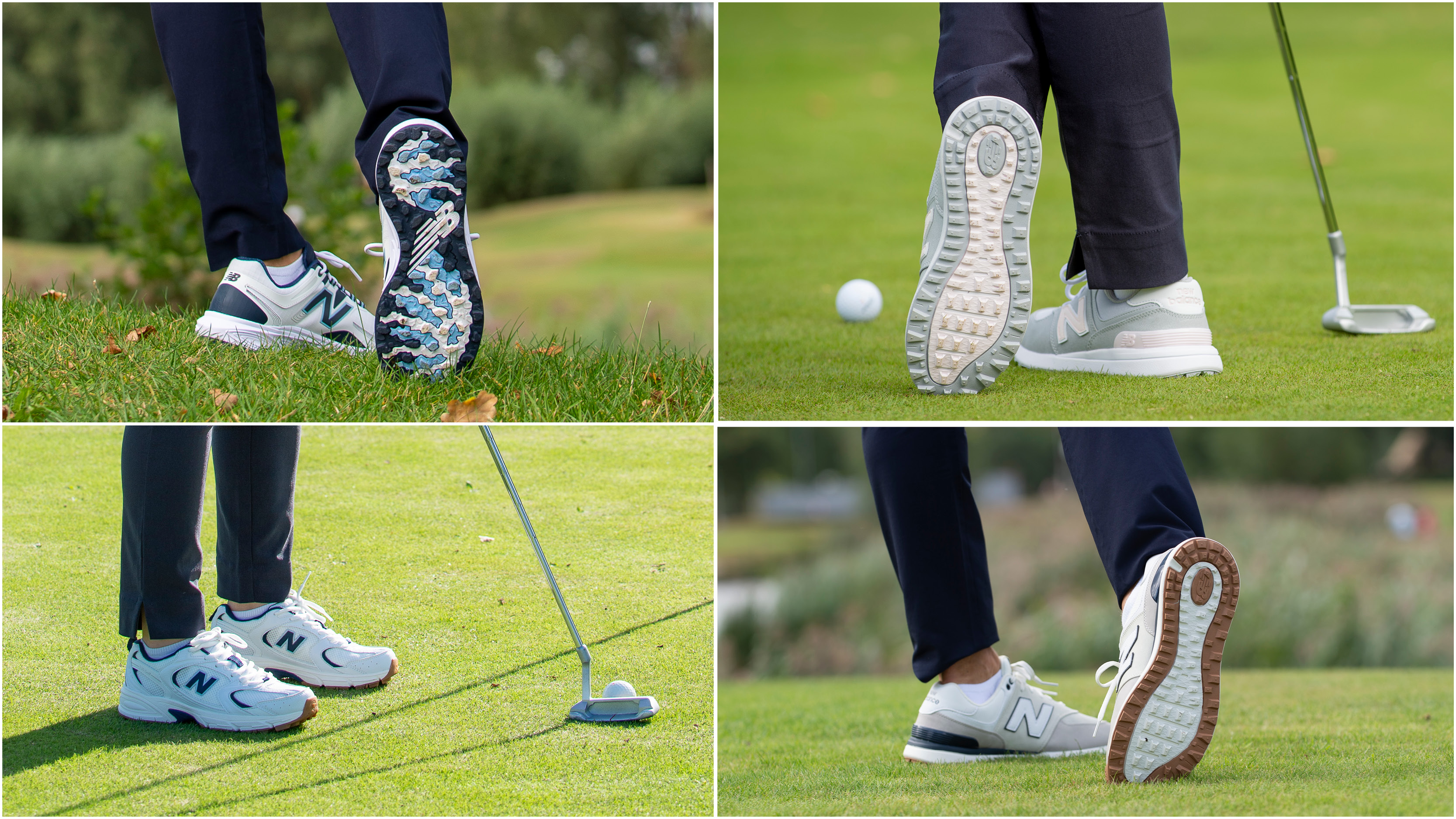 Four shots of golfers wearing New Balance shoes on the golf course