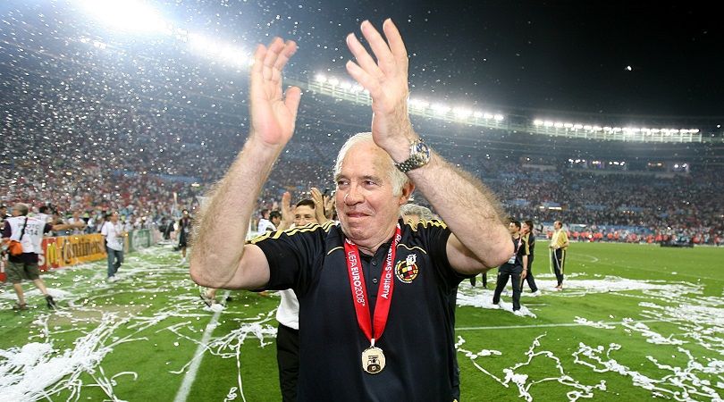 Luis Aragones celebrates on the pitch after Spain win the Euro 2008 final