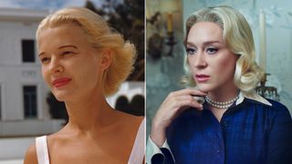 an image of woman (cz guest) standing in the backyard of her white mansion next to an image of a woman (chloe sevigny as cz guest) wearing a blue blouse