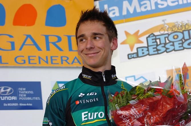 Stage 2 winner Bryan Coquard (Team Europcar) on the podium.