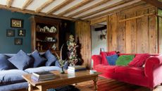 How to lighten oak beams: living room in period property with oak beams 