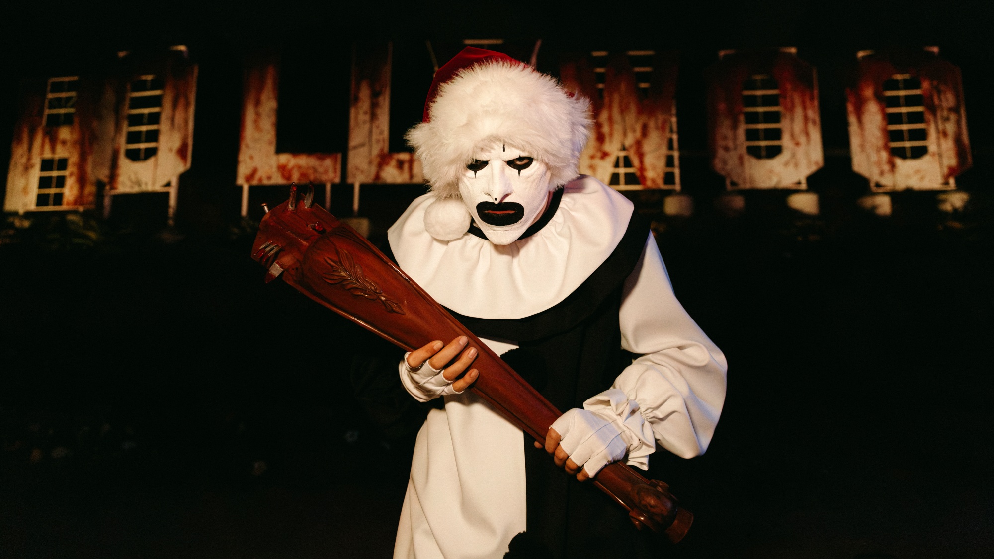 A scareactor working as Art the Clown for the Terror Tram at Halloween Horror Nights 2026 at Universal Studios Hollywood.