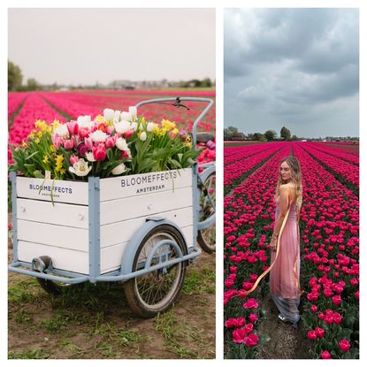 bloomeffects flower cart and hannah baxter standing in a field of pink tulips