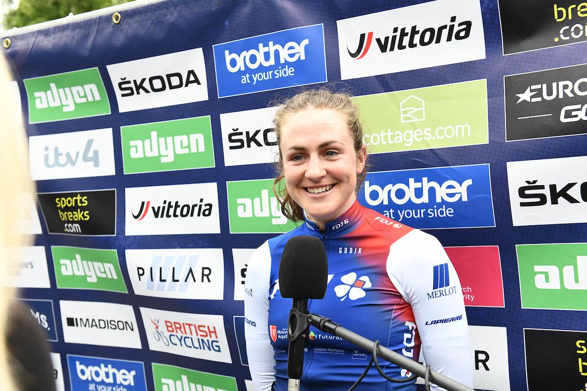 Picture by Simon Wilkinson/SWpix.com - 09/06/2022 - Cycling - The Women&acirc;s Tour 2022 - Stage Four - Wrexham to Welshpool, Wales - Grace Brown of Team FDJ Nouvelle Aquitaine Futuroscope after her victory