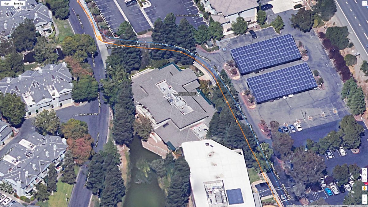 A Google Maps top-down view showing GPS lines for the Garmin Forerunner 970 (orange) and COROS PACE Pro (blue) indicating a running path.