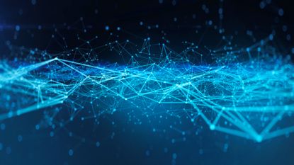 An abstract digital version of an ocean showing light and dark areas separated by wavy blue lines and connected nodes representing ocean waves