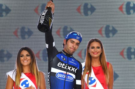 Stage winner Fernando Gaviria celebrates