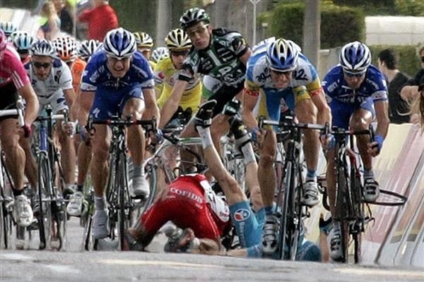 Riders fall during the final sprint.