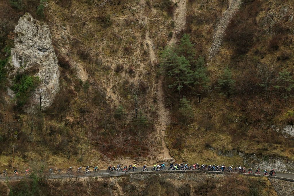 The pack rides during the 7th stage of the Paris-Nice cycling race, 104 km between Nice and La Madone d'Utelle