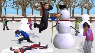 The Sims 2 Seasons promotional image of children playing in the snow, building snowmen and making snow angels