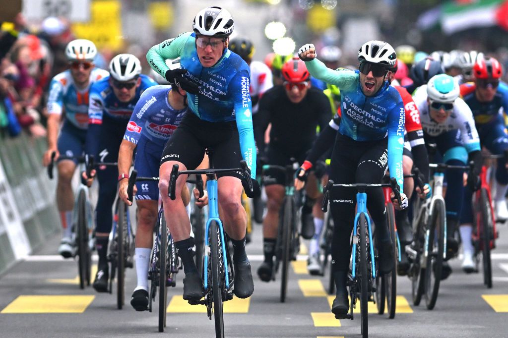 FRIBOURG SWITZERLAND APRIL 24 LR Stage winner Dorian Godon of France and Andrea Vendrame of Italy and Decathlon AG2R La Mondiale Team ccelebrate at finish line during the 77th Tour De Romandie 2024 Stage 1 a 1657km stage from Chateau dOex to Fribourg UCIWT on April 24 2024 in Fribourg Switzerland Photo by Luc ClaessenGetty Images