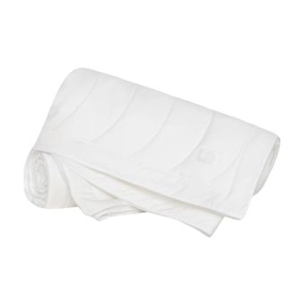 A folded white comforter, rolled up at the bottom