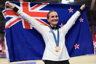 New Zealand&#039;s Ally Wollaston celebrates her bronze medal of the women&#039;s track cycling omnium event of the Paris 2024 Olympic Games 