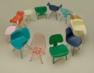 Colourful Eames chairs by Herman Miller and Hay shown in a circle