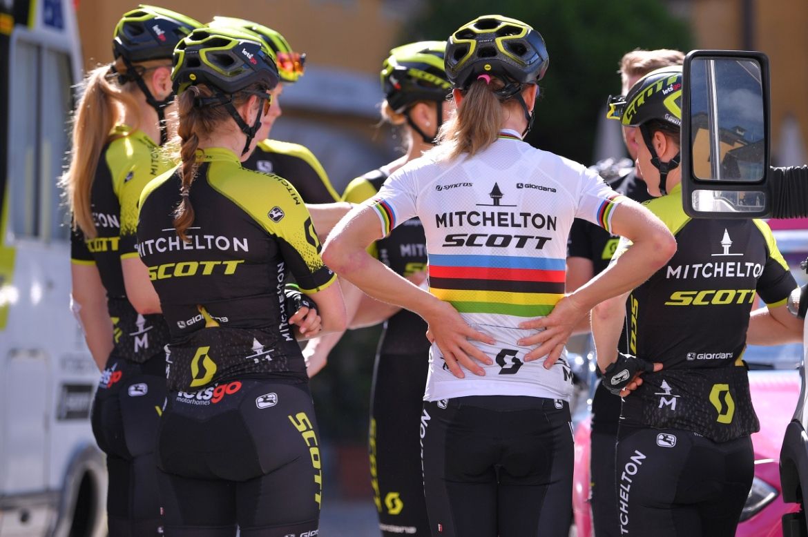 The Mitchelton-Scott riders plot tactics before the start of the team time trial