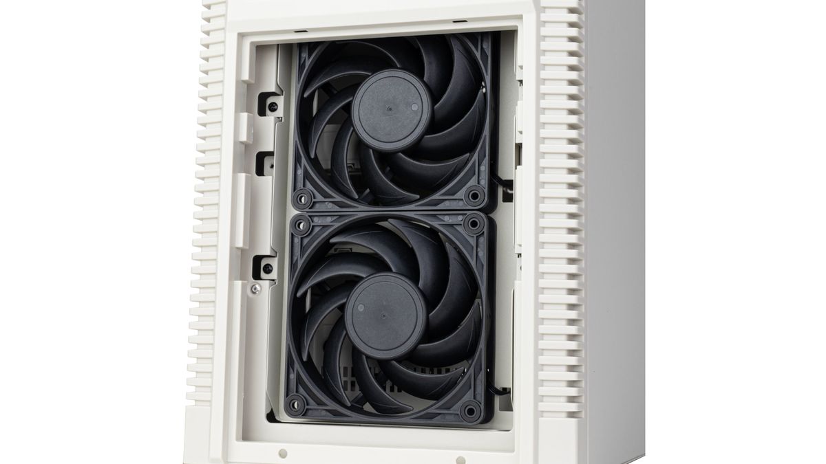 A promotional image of the SilverStone SST-FLP02 PC case, highlight its retro-styled features