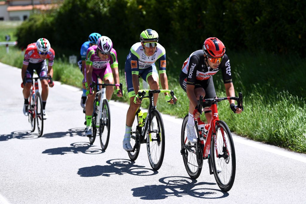 FOLIGNO ITALY MAY 17 Kobe Goossens of Belgium and Team Lotto Soudal Taco Van Der Hoorn of Netherlands and Team Intermarch Wanty Gobert Matriaux in breakaway during the 104th Giro dItalia 2021 Stage 10 a 139km stage from LAquila to Foligno girodiitalia Giro on May 17 2021 in Foligno Italy Photo by Tim de WaeleGetty Images
