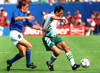 Hristo Stoitchkov of Bulgaria, right, and Robert Mussi of Italy in action during the 1994 semi-final World Cup match Italy v Bulgaria at the Meadowlands, New Jersey.
