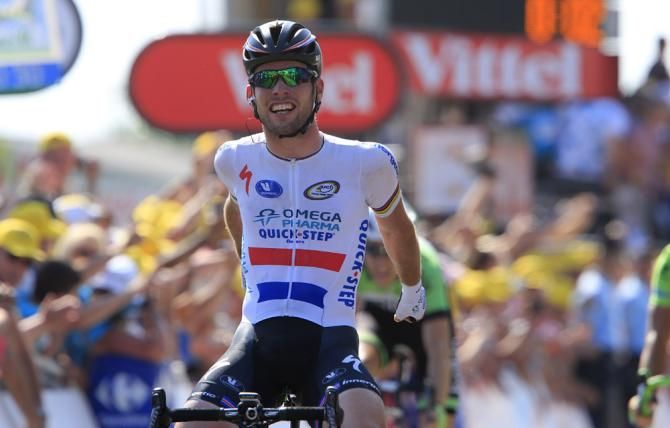 British champion Mark Cavendish celebrates victory on stage 13, his 25th career Tour de France stage win.