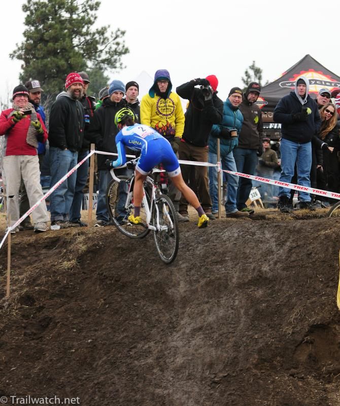 Katerina Nash (Luna Pro Team) having to dismount as Georgia Gould rides away