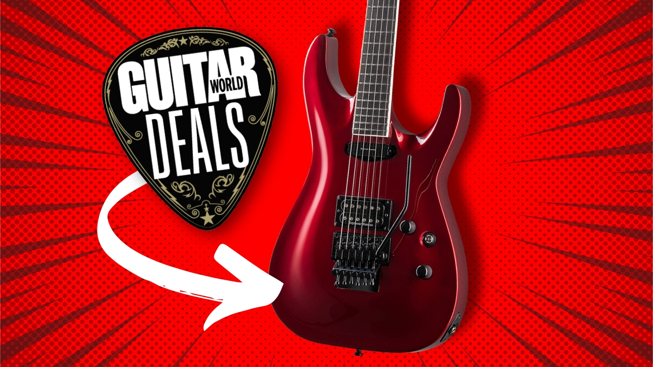 An ESP LTD Horizon 87 electric guitar on a red background with the Guitar World deals logo in the corner