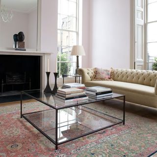 living room with glass coffee table