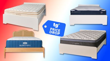 A collage of mattresses against a red, white and blue background. From top left: the Saatva Classic, the DreamCloud Classic Hybrid, the Helix Midnight Luxe, and the Bear Elite Hybrid