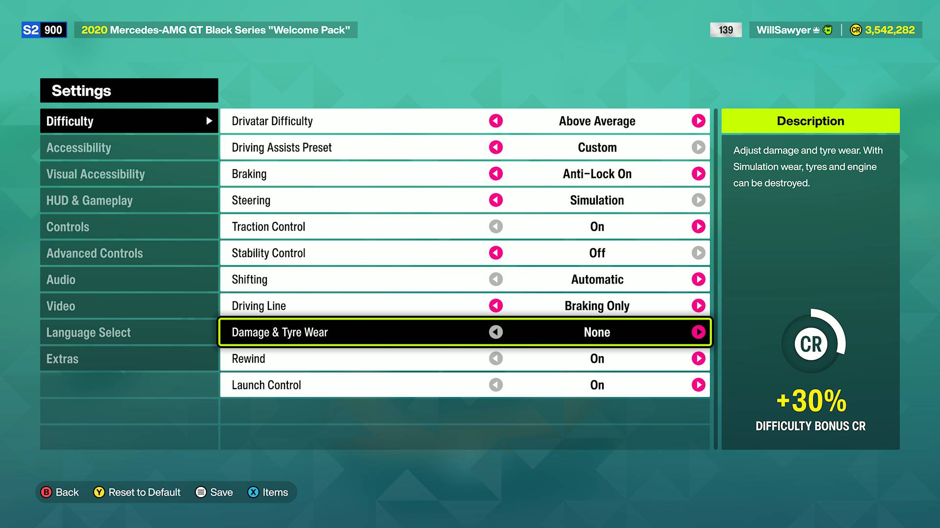 Forza Horizon 6 damage and tyre wear option set to None in difficulty settings menu