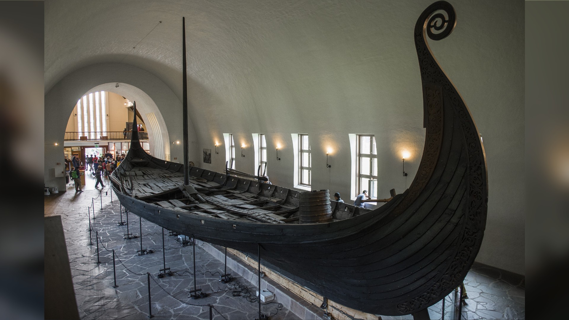 A general view of the Oseberg Ship at the Viking Ship museum, Oslo, Norway on September 10, 2017. The most famous museum is the Oseberg Ship in its entirety, excavated from the largest known ship burial in the world.  The Oseberg ship was built in southwest Norway around the year 820 and is made of oak.  In 834, the ship was used as a burial ship for two powerful women.