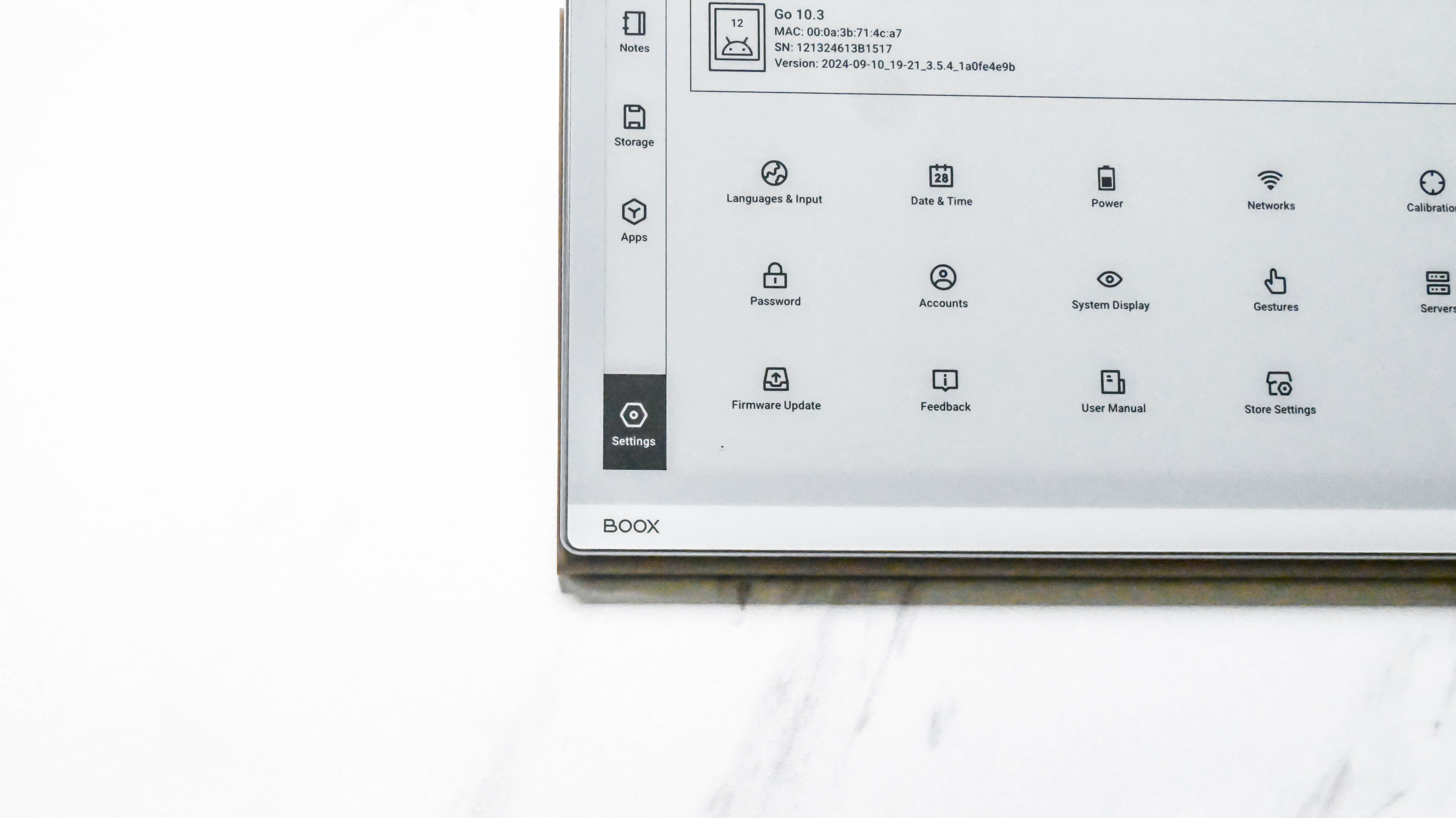 The settings option on the Onyx Boox Go 10.3 e-paper writing tablet