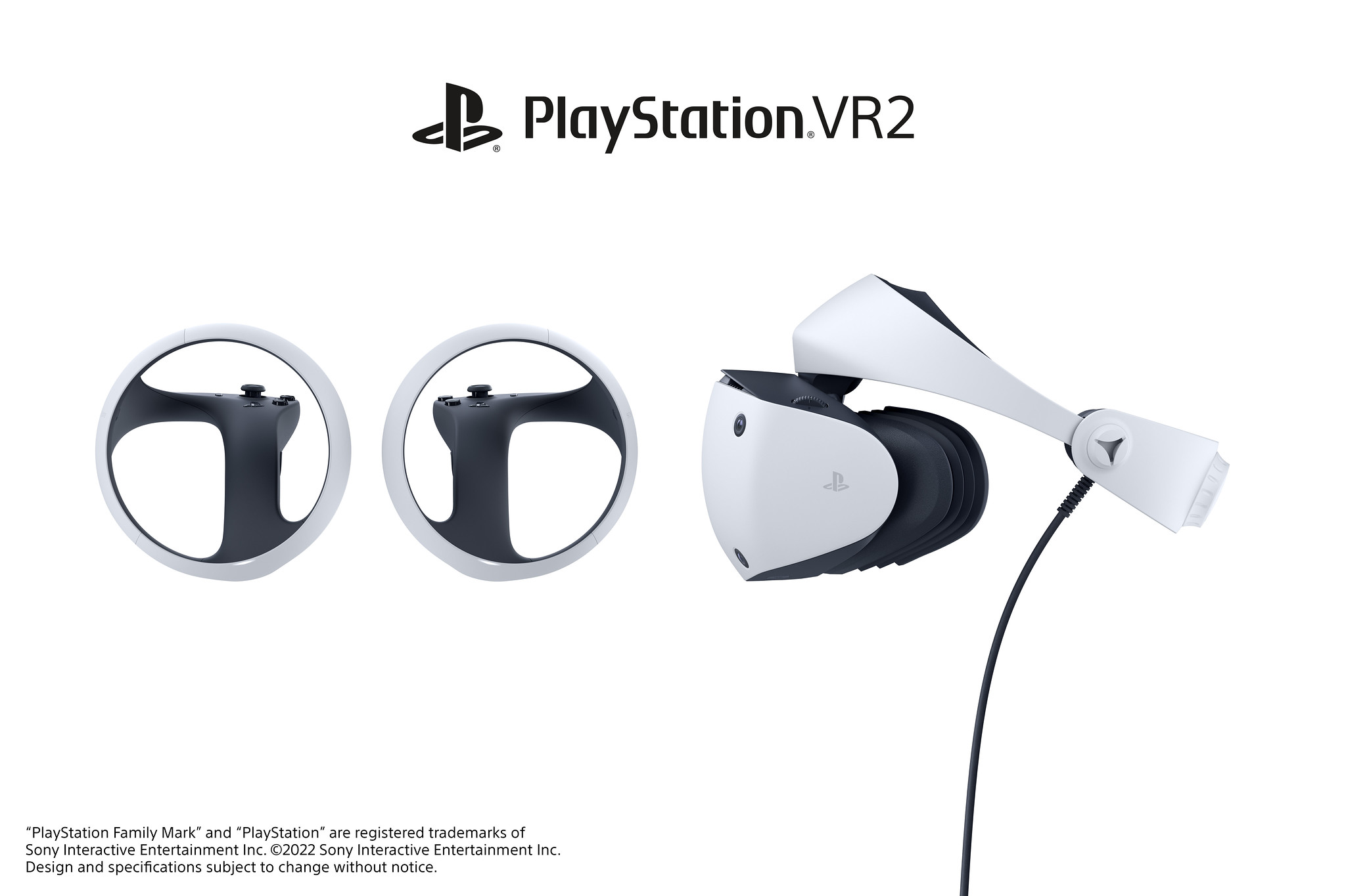 A side profile view of the PSVR 2 headset and controllers