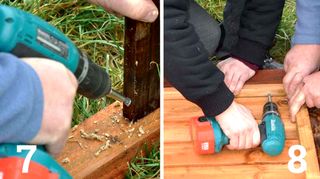 Sie by side images. Left: Screwing gravel board into fence post. Right: Attaching fence panel to fence post