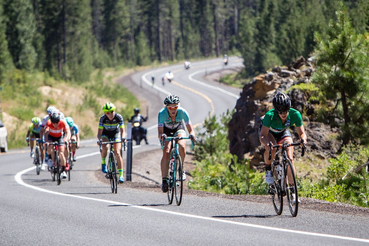 Sara Bergen (Rally) attacks the front of the breakaway group