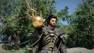 Kliff stands in ornate armor, sans helmet. It is a screenshot of Crimson Desert.