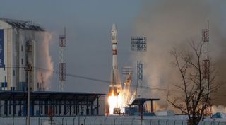 A Soyuz-2.1b rocket lifts off from the Vostochny Cosmodrome Nov. 28. Controllers have not been able to contact the rocket's primary payload, a Meteor-M weather satellite.