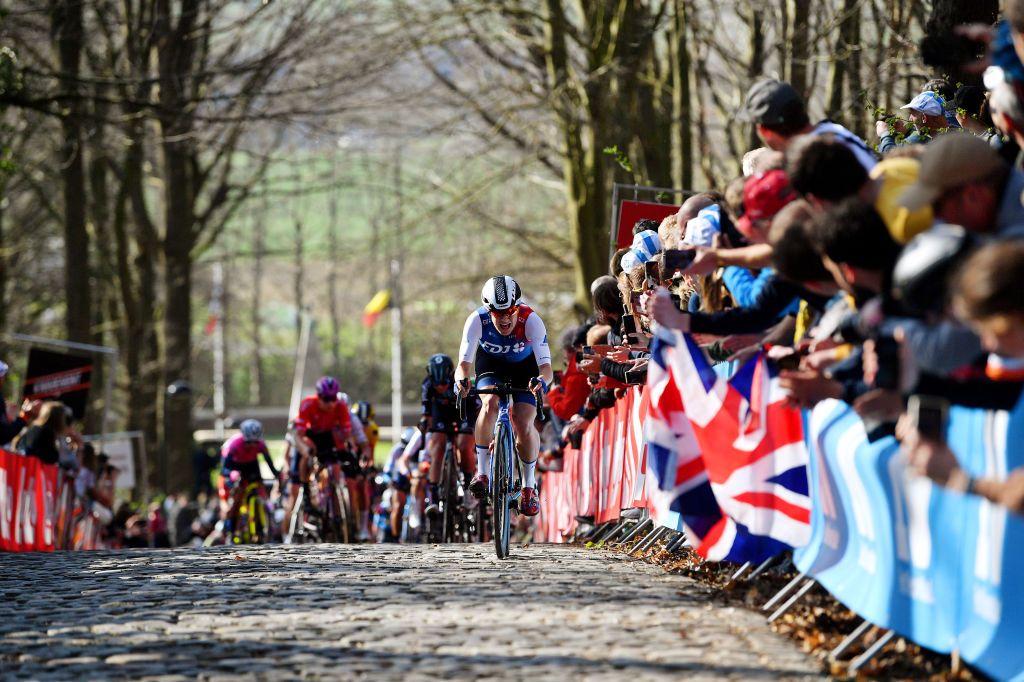WEVELGEM BELGIUM MARCH 27 Grace Brown of Australia and Team FDJ Nouvelle Aquitaine Futuroscope attacks in the breakaway through Kemmelberg cobblestones sector during the 11th GentWevelgem In Flanders Fields 2022 Womens Elite a 159km one day race from Ypres to Wevelgem GWEwomen UCIWWT on March 27 2022 in Wevelgem Belgium Photo by Luc ClaessenGetty Images