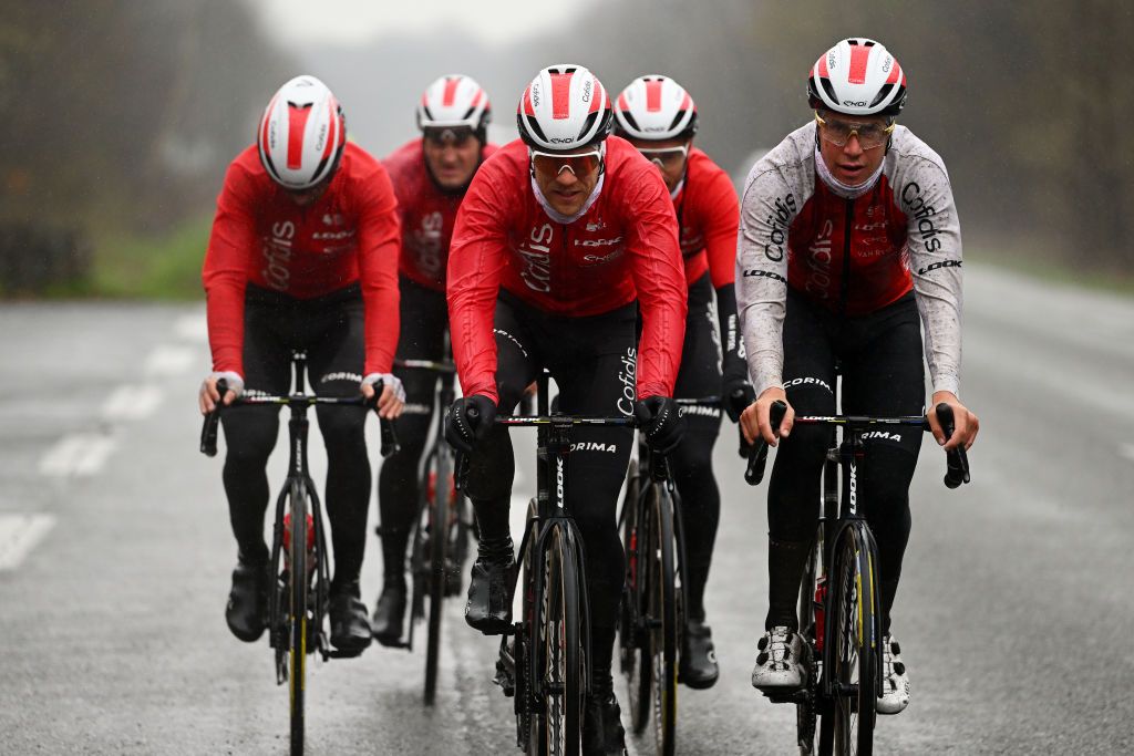ROUBAIX FRANCE APRIL 06 LR Wesley Kreder of The Netherlands and Jelle Wallays of Belgium and Team Cofidis during the ParisRoubaix 2023 Training Day 1 UCIWT on April 06 2023 in Roubaix France Photo by Luc ClaessenGetty Images