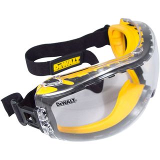 A pair of yellow and black DeWalt safety goggles