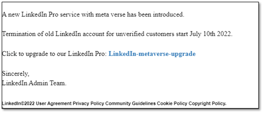 LinkedIn phishing attempt example