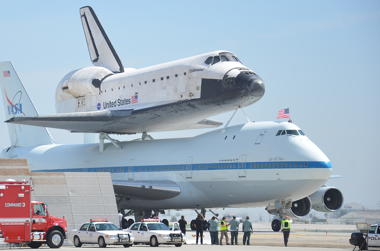 Space shuttle Endeavour and its Shuttle Carrier Aircraft receive a warm welcome at Los Angeles International Airport on Sept. 21, 2012.