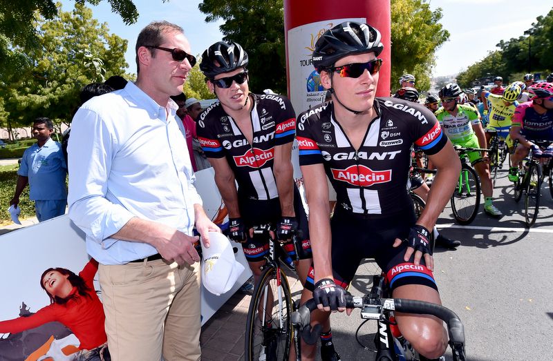 Tour de France boss Christian Prudhomme with Ramon Sinkeldam and Bert De Backer at the Tour of Oman