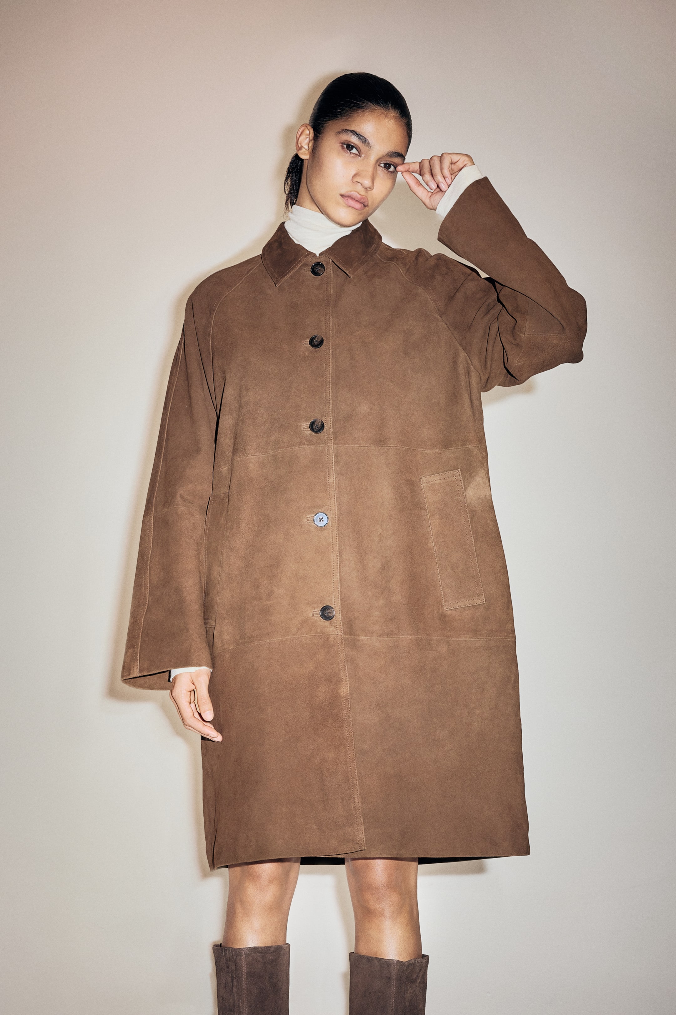Suede Car Coat - Dark Brown