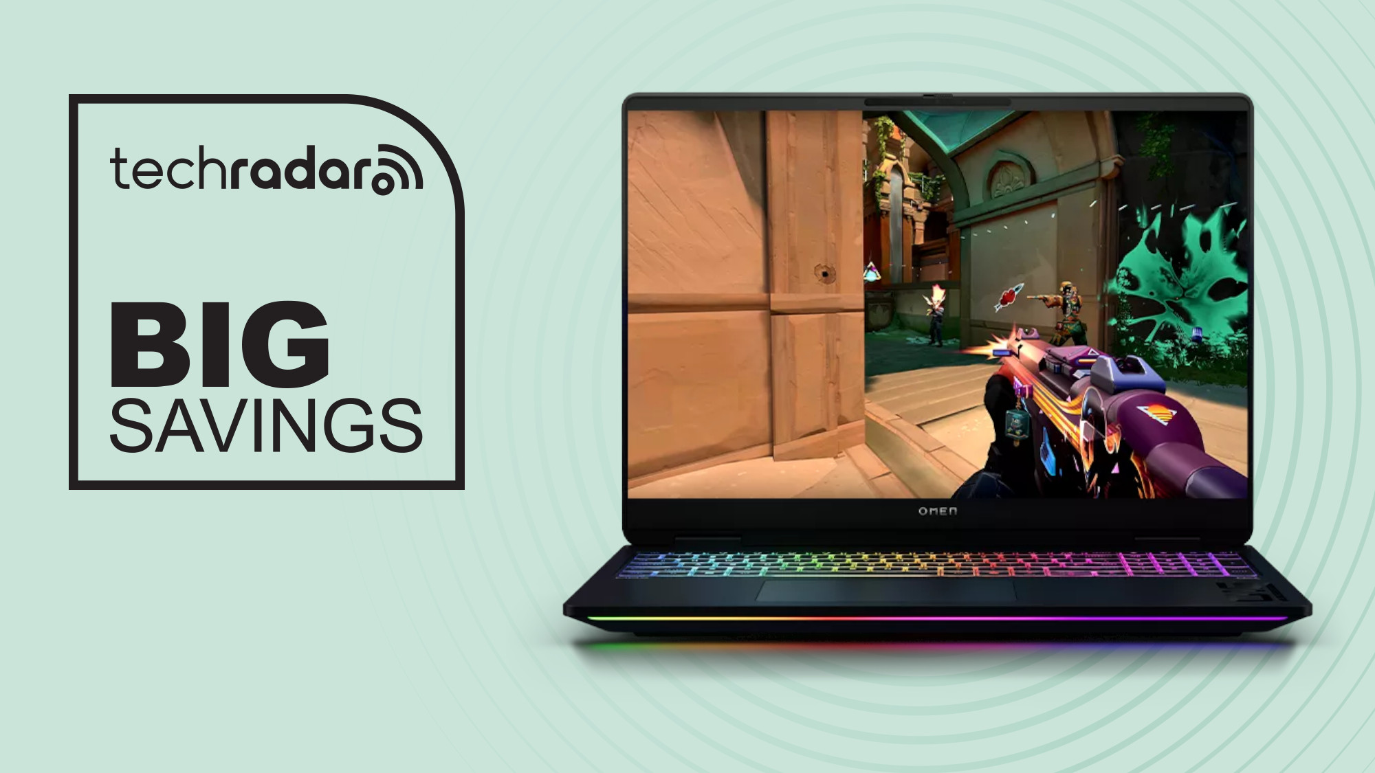 HP Omen Max gaming laptop on green background with big savings text overlay